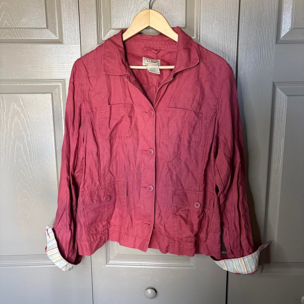 LL Bean Burgundy 100% Linen Lightweight Utility Jacket Striped Cuffs Womens L